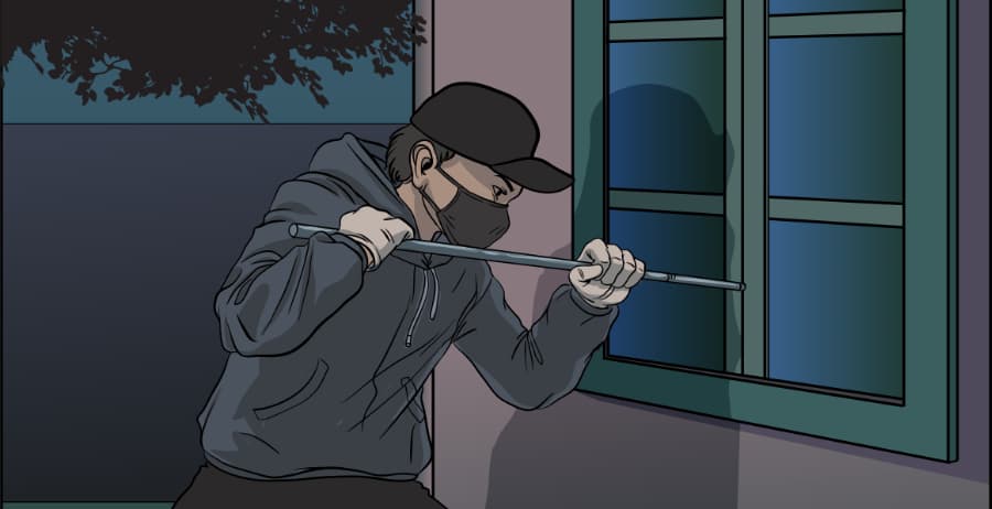 Illustration of burglar forcing entry through a window in Blacksburg